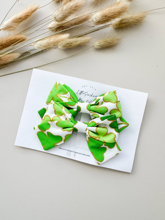 Little Sunshines Bow & Co - White & Gold Sparkle Clovers St Patricks Day Pinwheel Bow  : Pigtail Set