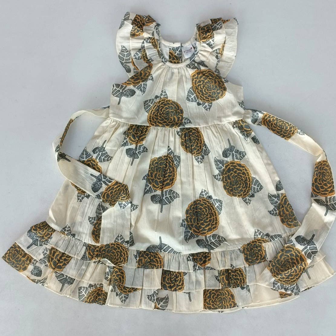 Yo Baby - Mustard & Grey Floral Print Sleeve & Bottom Ruffled Gathered: 3-6 month