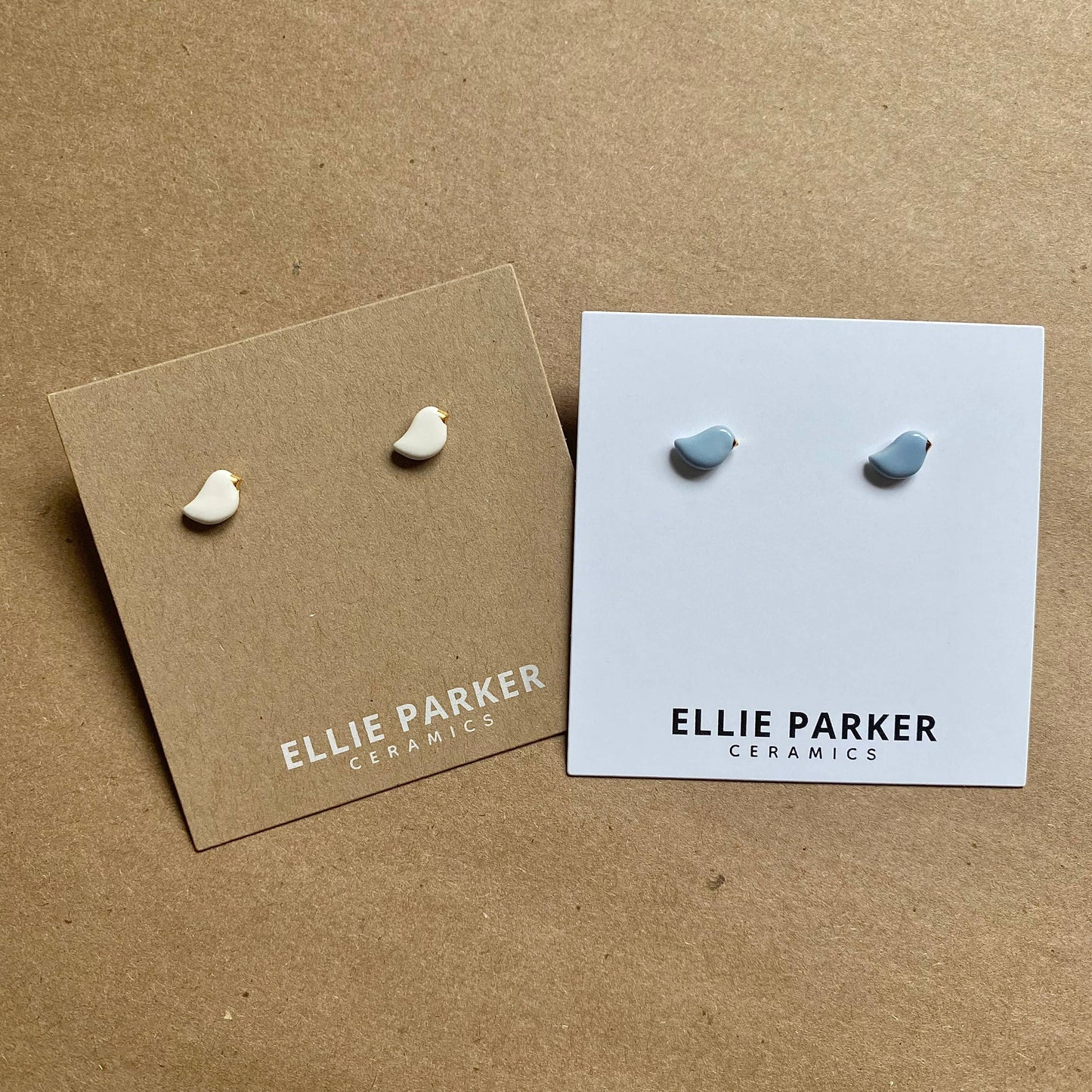 Ellie Parker Ceramics - Ceramic Clay Birdie Stud Earrings with Gold Accents: White