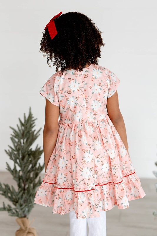 Ollie Jay - Lola Dress in Pink Poinsettia | Poplin Cotton Dress: 18/24m