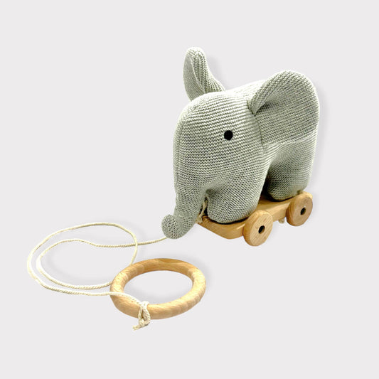 Viverano Organics - Stuffed Elephant Pull Cart Baby Toy - Organic Knit : Grey Heather / One Size