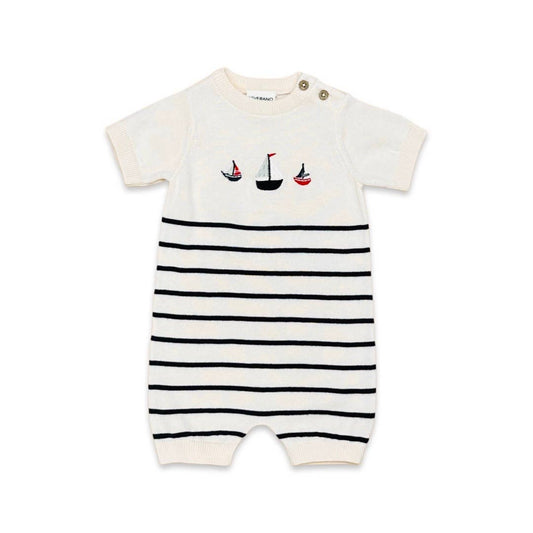 Viverano Organics - Sailboat Embroidered Knit Short Baby Romper (Organic Cotton): Natural / 6-12M