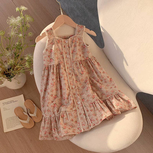 MyKids-USA® - Summer Kids Girls French Style Vintage Sleeveless Single Breasted Dress: Pink / 140 (8-10Y)
