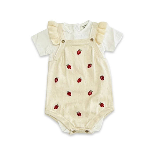 Viverano Organics - Strawberry Embroidered Knit Baby Ruffle Romper Set (Organic): Sweet Cream / 6-12M