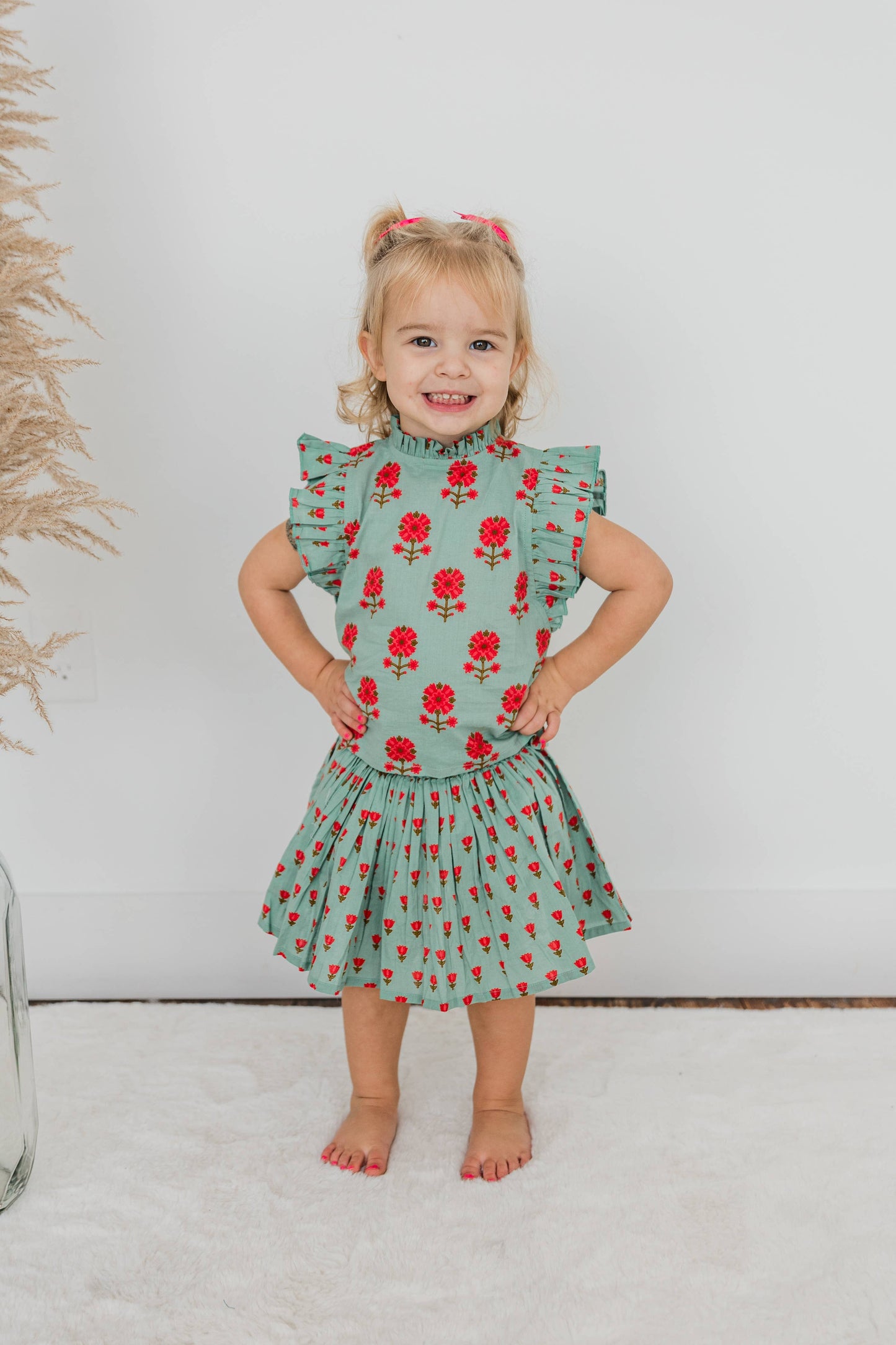 Yo Baby - Green Floral Neck Ruffle Top & Skorts Set: 12-18 month