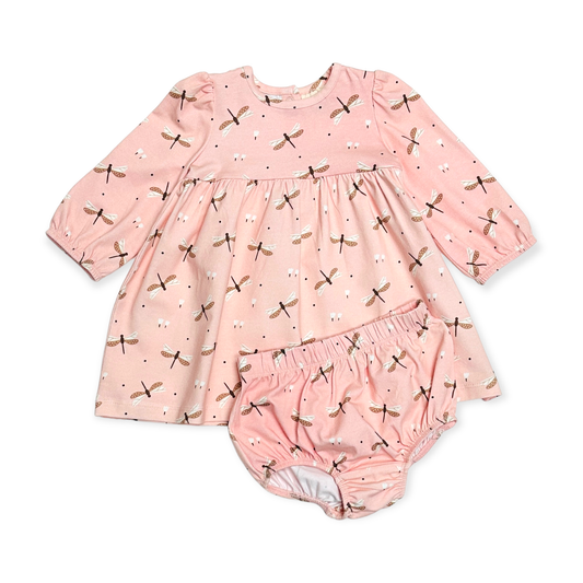 Viverano Organics - Dragonfly Flare Baby Dress + Bloomer SET (Organic): 12-18M
