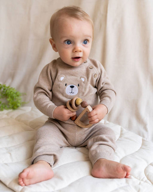 Viverano Organics - Teddy Bear Applique Baby Raglan Pullover (Organic Cotton): Oat Heather / 12-18M