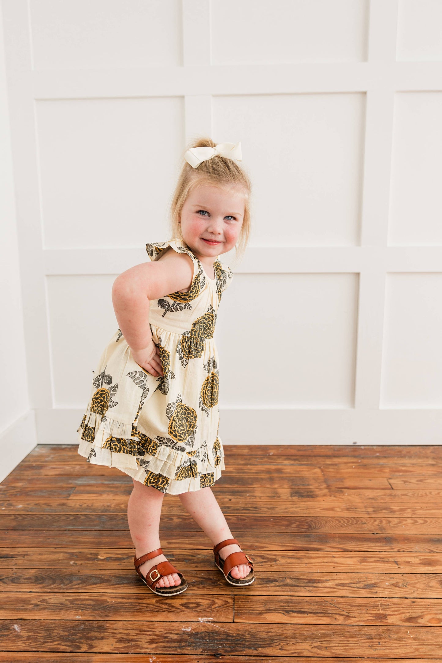 Yo Baby - Mustard & Grey Floral Print Sleeve & Bottom Ruffled Gathered: 3-6 month