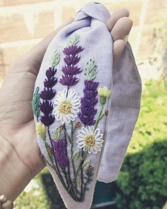 Quince Fables - Floral Embroidered Linen Knot Turban, Collection Sofia: 2.Lavender - Purple