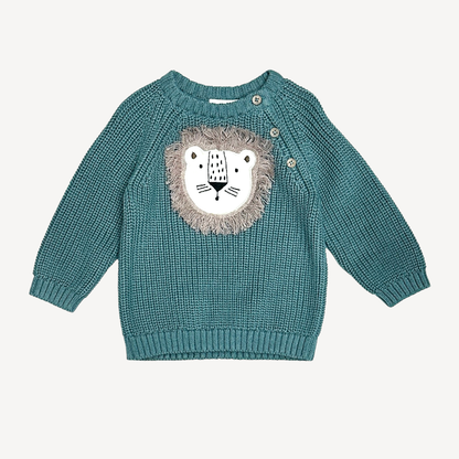 Viverano Organics - Lion Applique Baby Pullover Sweater Knit (Organic Cotton): Teal Blue / 3-6