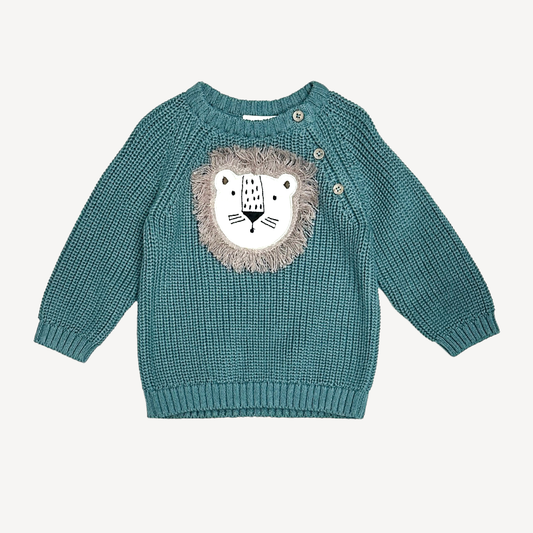 Viverano Organics - Lion Applique Baby Pullover Sweater Knit (Organic Cotton): Teal Blue / 3-6