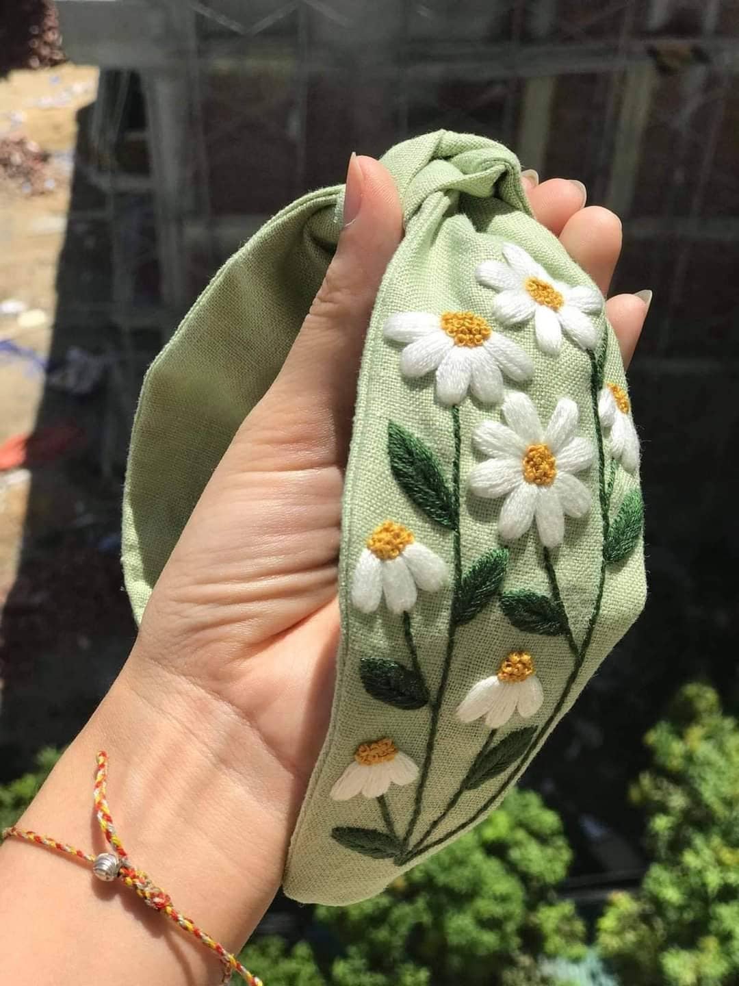 Quince Fables - Floral Embroidered Linen Knot Turban, Collection Sofia: 4.Daisy Garden-Sage