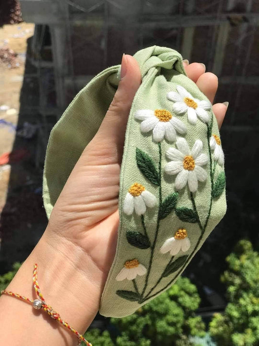Quince Fables - Floral Embroidered Linen Knot Turban, Collection Sofia: 4.Daisy Garden-Sage