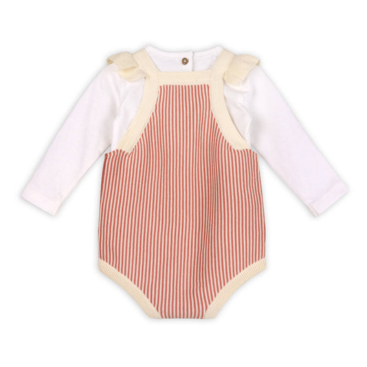 Viverano Organics - Cherry Stripe Embroidered Baby Ruffle Romper Set (Organic): Sweet Cream / 6-12M