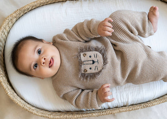 Viverano Organics - Lion Applique Chunky Sweater Knit Baby Jumpsuit (Organic): Oat Heather / 3-6M