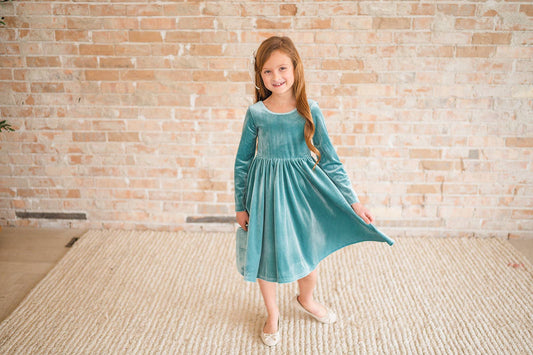 Ollie Jay - Gwendolyn Dress in Aspen Blue Velvet: 18/24m