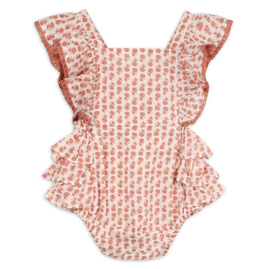 Viverano Organics - Vienna Floral Printed Dotted Dobby Baby Romper (Organic): Floral Terracotta / 12-18M