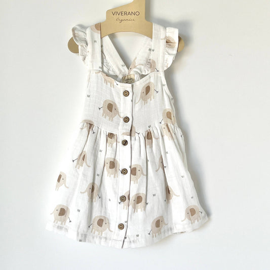 Viverano Organics - Elephant Ruffle & Button Baby Dress+Bloomer (Organic Muslin): 6-12M / Natural