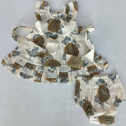 Yo Baby - Mustard & Grey Floral Print Sleeve & Bottom Ruffled Gathered: 3-6 month