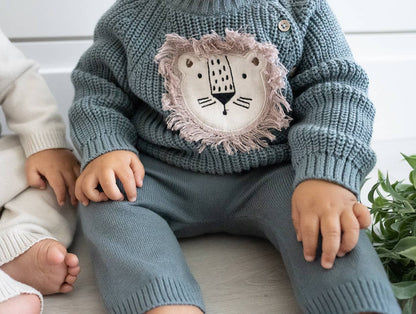 Viverano Organics - Lion Applique Baby Pullover Sweater Knit (Organic Cotton): Teal Blue / 3-6