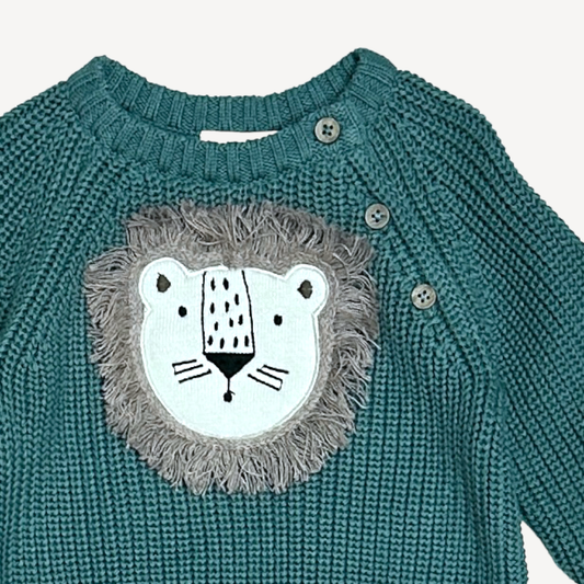 Viverano Organics - Lion Applique Baby Pullover Sweater Knit (Organic Cotton): Teal Blue / 3-6