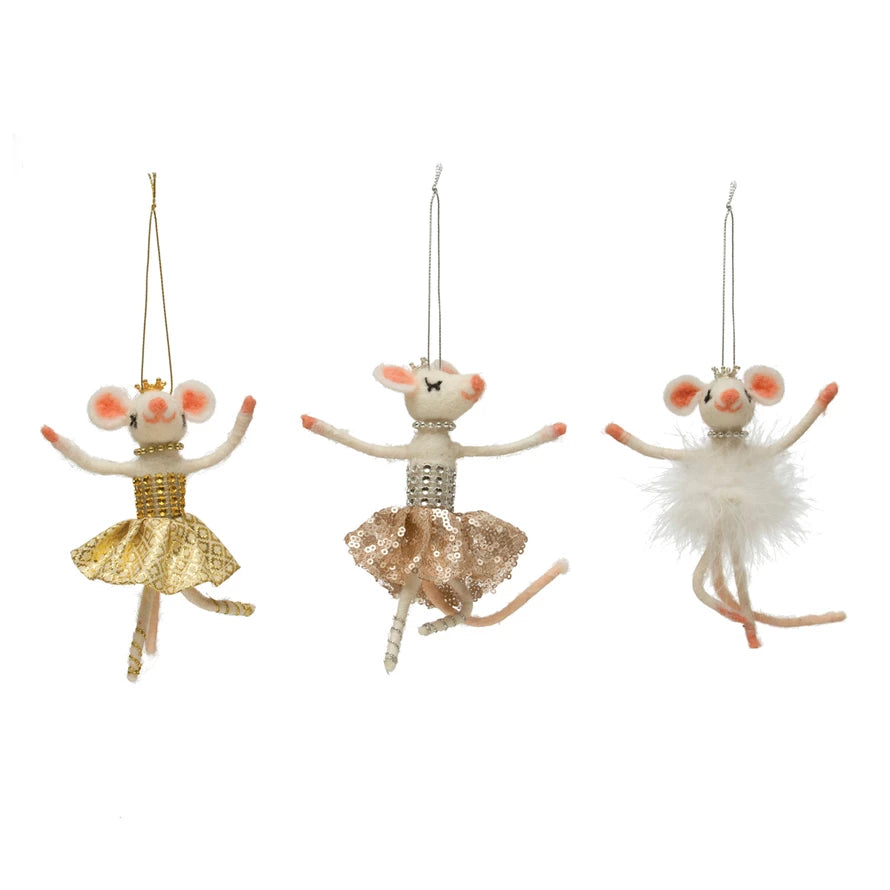 Wool Felt Ballerina Mouse Ornament, Multi Color, 3 Styles
