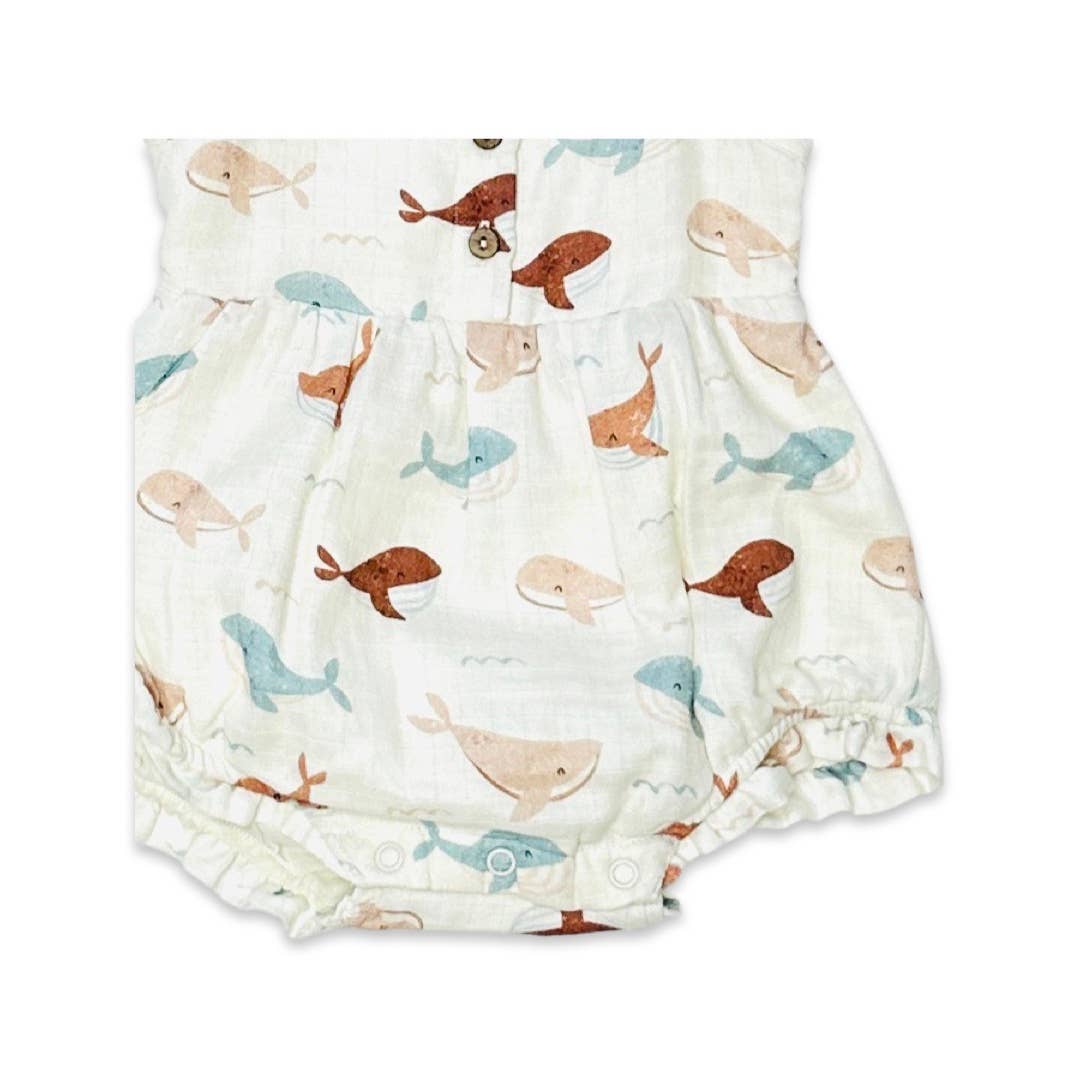 Viverano Organics - Whales Ruffle & Button Baby Dress+Bloomer (Organic Muslin): 6-12M / Natural