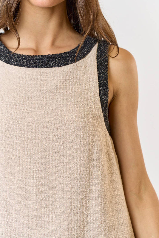 Lalavon - CONTRAST BINDING BOUCLE SLEEVELESS DRESS: ECRU - M