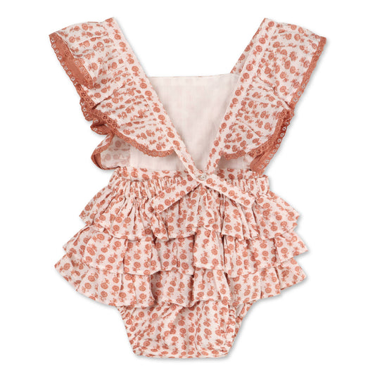 Viverano Organics - Vienna Floral Printed Dotted Dobby Baby Romper (Organic): Floral Terracotta / 6-12M