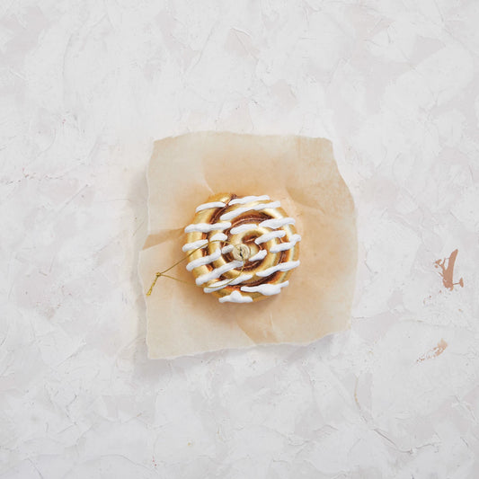 Glass Cinnamon Roll Ornament w/ Glitter, White & Gold Finish