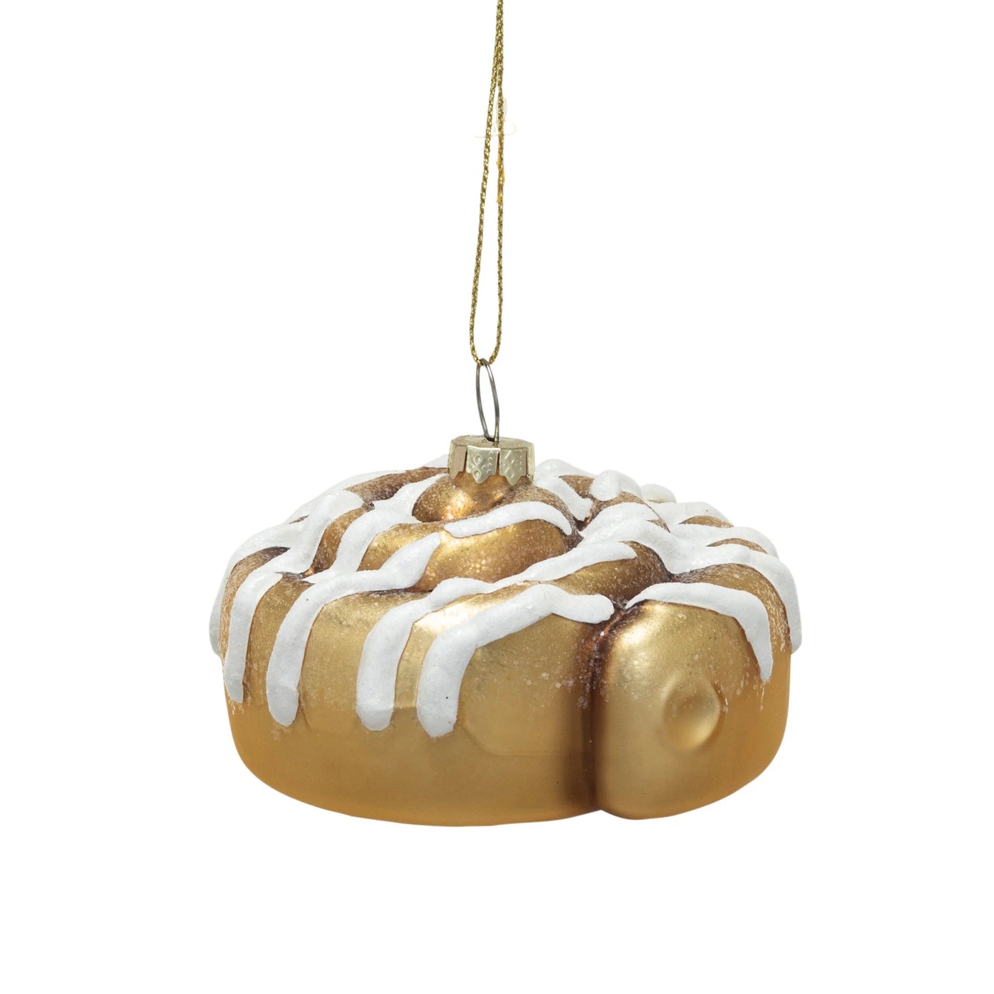 Glass Cinnamon Roll Ornament w/ Glitter, White & Gold Finish