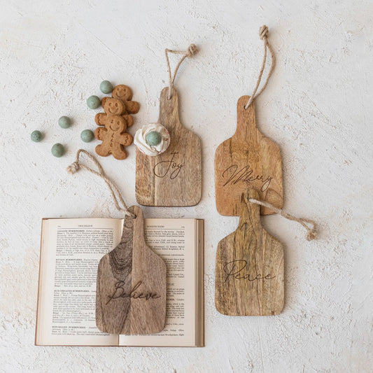 Mango Wood Cheese/Cutting Board w/ Laser Etched Word, Handle & Jute Tie