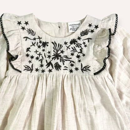 Viverano Organics - Embroidered Ruffle Flare Baby Dress (Organic Cotton / Linen): Sweet Cream / 3T