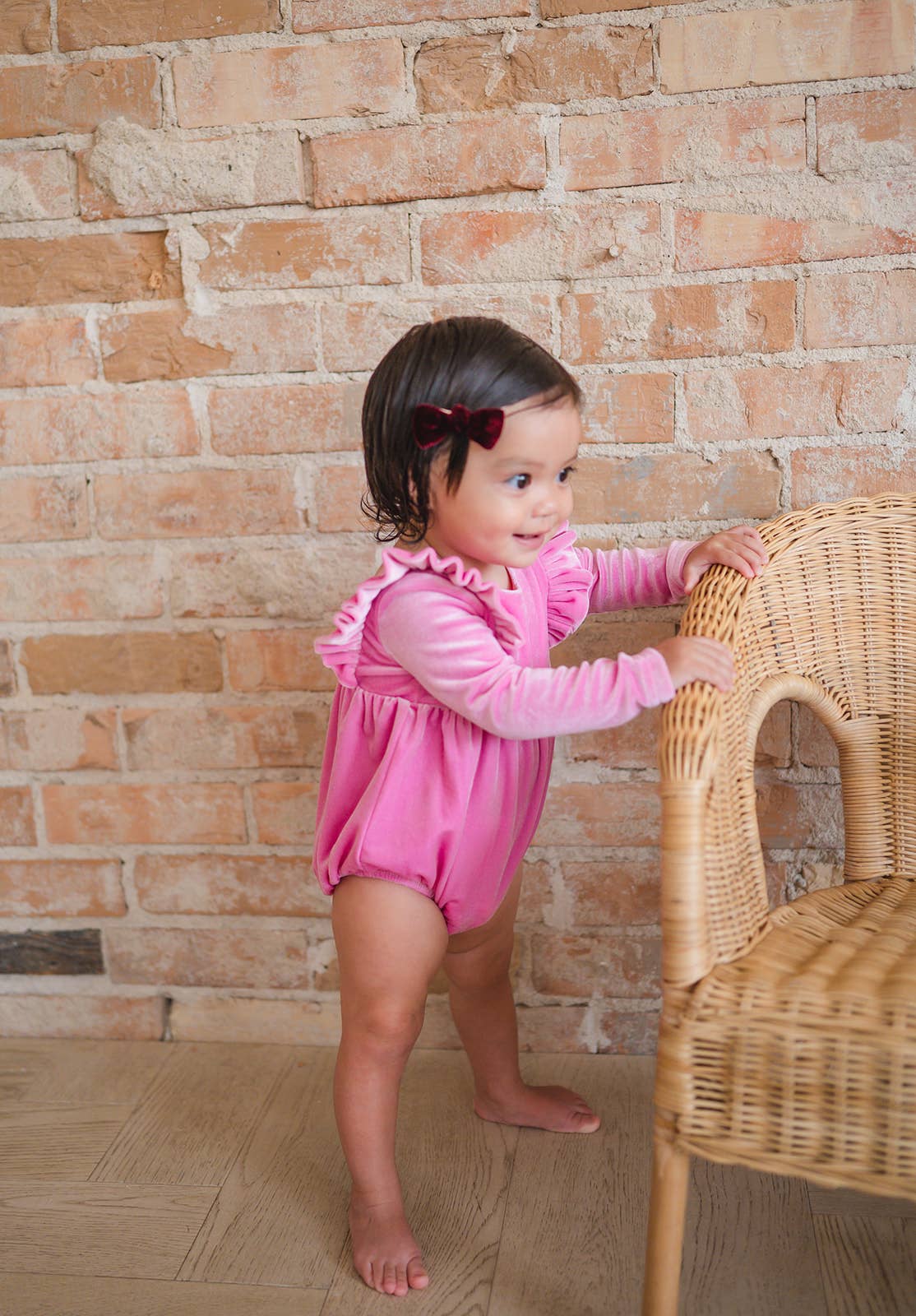 Ollie Jay - Leah Romper in Baby Pink Velvet | Baby Bubble: 6/12m