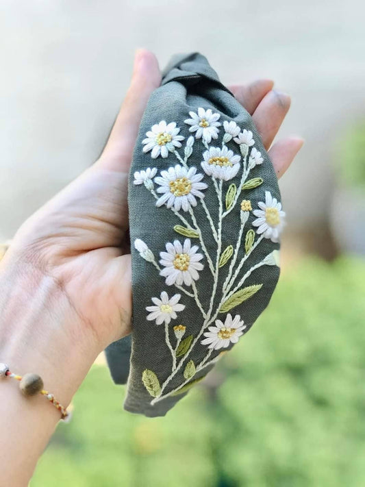 Quince Fables - Floral Embroidered Linen Knot Turban, Collection Sofia: 3.Daisy Garden-Olive