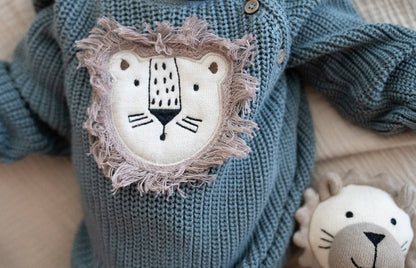 Viverano Organics - Lion Applique Baby Pullover Sweater Knit (Organic Cotton): Teal Blue / 3-6