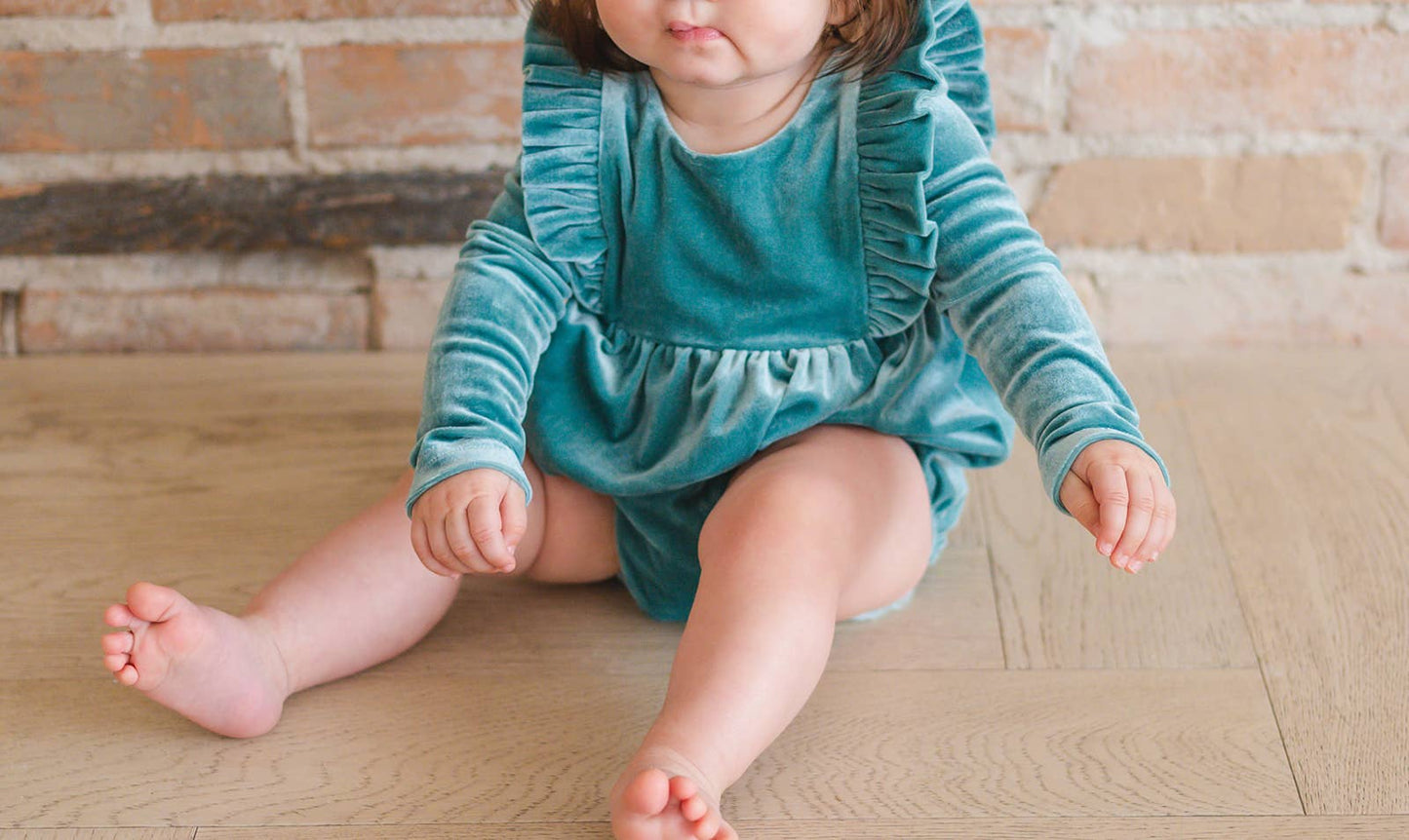 Ollie Jay - Leah Romper in Aspen Blue Velvet | Baby Bubble: 18/24m