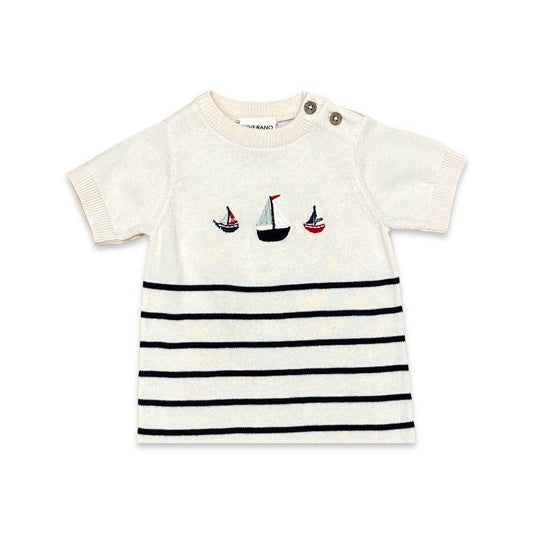 Viverano Organics - Sailboat Embroidered Knit Short Baby Romper (Organic Cotton): Natural / 6-12M