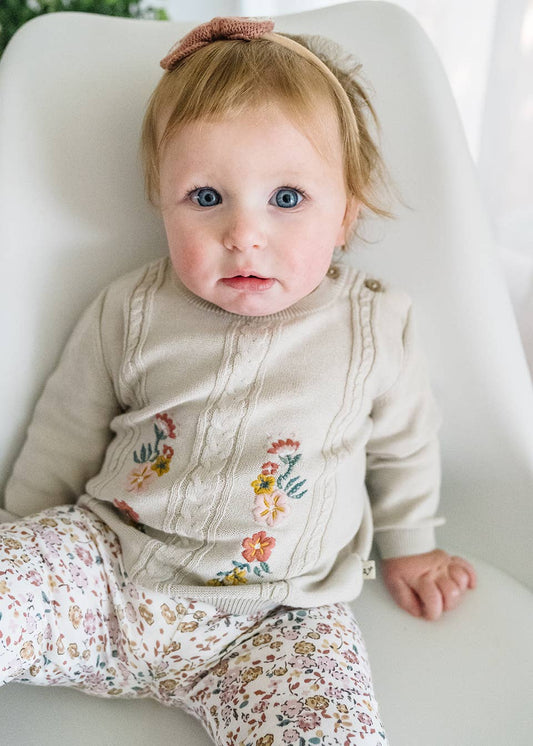 Viverano Organics - Floral Embroidered Cable Knit Baby Pullover (Organic): Stone / 3-6