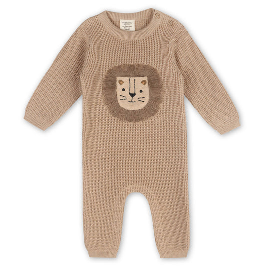 Viverano Organics - Lion Applique Chunky Sweater Knit Baby Jumpsuit (Organic): Oat Heather / 3-6M