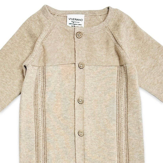 Viverano Organics - Pointelle Cable Knit Baby Jumpsuit - Organic Cotton - BEIGE / 12-18M