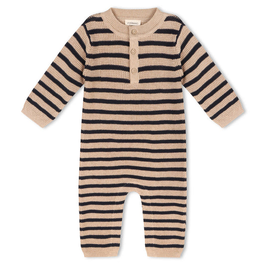 Viverano Organics - Navy Stripe Chunky Sweater Knit Baby Jumpsuit (Organic): Navy Blue Stripe / 6-12M