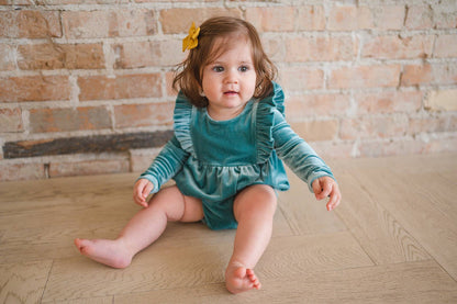 Ollie Jay - Leah Romper in Aspen Blue Velvet | Baby Bubble: 18/24m