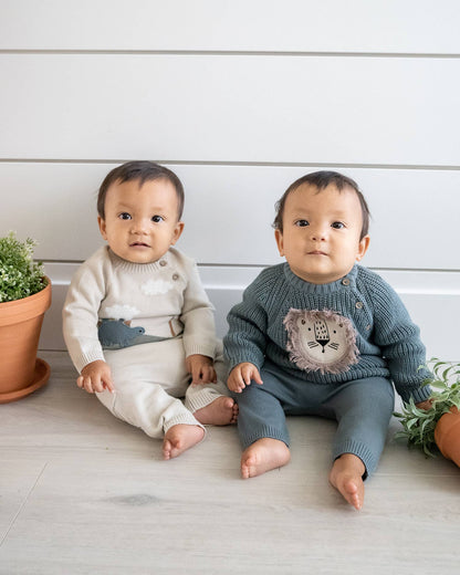Viverano Organics - Lion Applique Baby Pullover Sweater Knit (Organic Cotton): Teal Blue / 3-6