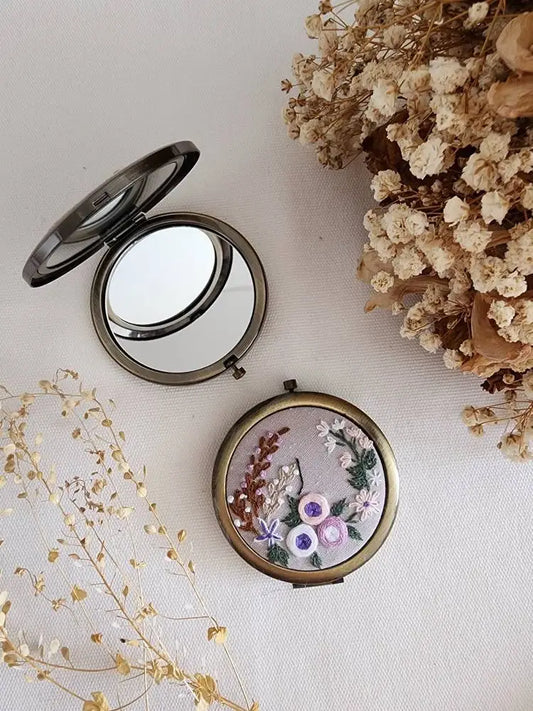 Quince Fables - Floral Embroidered Compact Mirror, Flower garden
