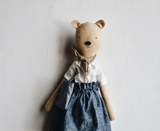 Woolgrass Farm - Agatha the Bear Doll- Chambray skirt