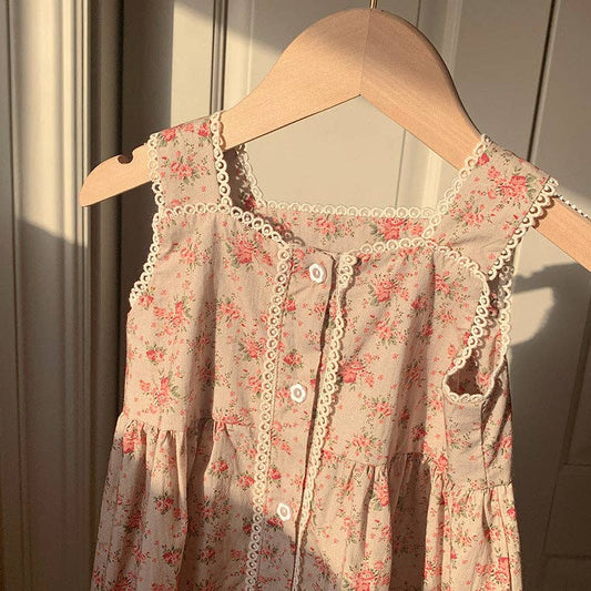 MyKids-USA® - Summer Kids Girls French Style Vintage Sleeveless Single Breasted Dress: Pink / 140 (8-10Y)