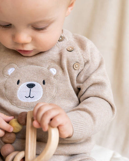 Viverano Organics - Teddy Bear Applique Baby Raglan Pullover (Organic Cotton): Oat Heather / 3-6M