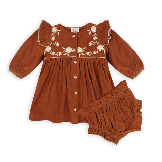 Viverano Organics - Floral Embroidered Corduroy Baby Dress & Bloomer (Organic): Rust Brown / 3-6M