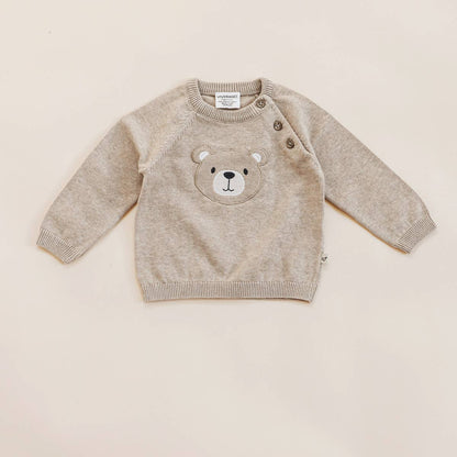 Viverano Organics - Teddy Bear Applique Baby Raglan Pullover (Organic Cotton): Oat Heather / 3-6M